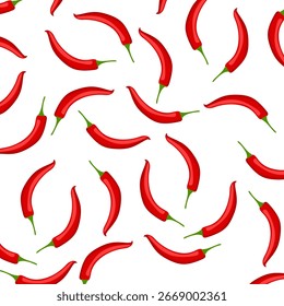 Spicy red chili seamless pattern without background. Bright red chili on transparent background. Vegetable vector illustration.