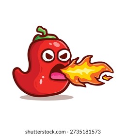 Spicy red pepper character with flames from mouth in cartoon style illustration