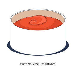 Spicy red sauce served in round ceramic bowl 2D cartoon object. Chili condiment. Tomato dip. Hot salsa dressing. Tangy chutney food isolated element flat vector clip art on white. Spot illustration