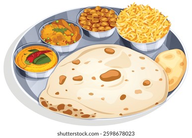 Spicy Rice, Chole, Mix Sabji and Dal Tadka Served with Chapati and Puri in Metal Thali. Traditional Indian Thali Food Detailed Illustration.