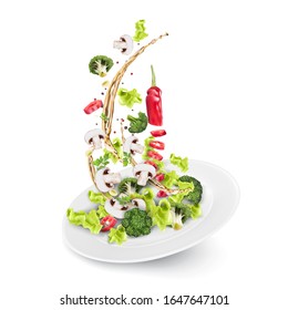 Spicy salad with herbs, broccoli, mushrooms and peppers seasoned with vegetable oil. Flying salad recipe. Vector 3d realistic dynamic composition isolated on white background.