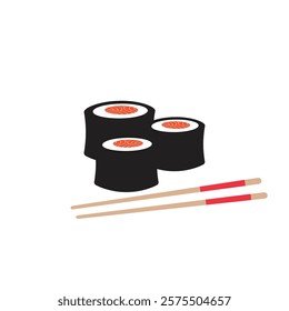 Spicy salmon roll sushi with chopsticks icon for food apps and web, Sushi traditional Japanese dish with chopsticks vector icon