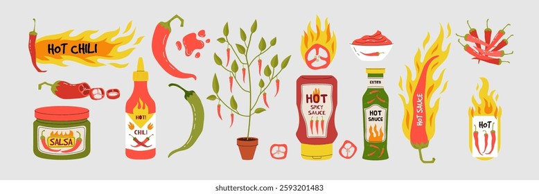 Spicy salsa. Bowl chili food. Kitchen fire. Cooking red tomato, pepper, spice, sauce in bottles, seasoning, hot paprika. Gourmet ingredient. Vector vegetable flame. Cartoon flat isolated illustration