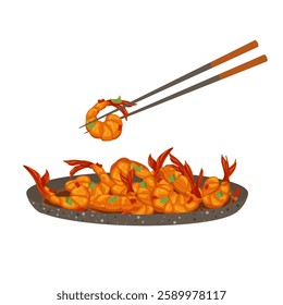 Spicy salt and pepper shrimps on a plate with chopsticks. Delicious traditional Chinese meal. Kung Pao shrimp. Szechuan spicy shrimp. Vector hand drawn illustration isolated on white