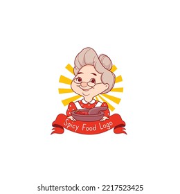 Spicy Sambal Logo with Grandma chef cooking with cobek traditional mortar grinder logo 
