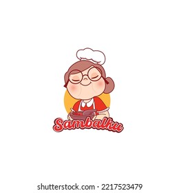 Spicy Sambal Logo with Grandma chef cooking with cobek traditional mortar grinder logo 