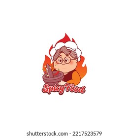 Spicy Sambal Logo with Grandma chef cooking with cobek traditional mortar grinder logo 