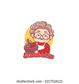 Spicy Sambal Logo with Grandma chef cooking with cobek traditional mortar grinder logo 