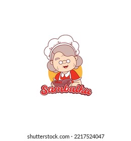 Spicy Sambal Logo with old Grandma chef cooking with cobek traditional mortar grinder logo 