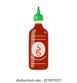 Salsa picante en la ilustración del vector de botella. Ketchup, tomate caliente y chile salteado en botellas, pimientos rojos y amarillos aislados en fondo blanco