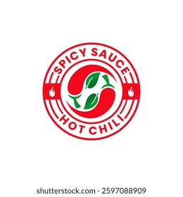 Spicy Sauce circle logo design label. Hot Chili sauce logo design template. Spicy Chili Pepper logo design for label, emblem, badge, and sticker
