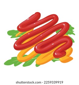 Spicy sauce icon isometric vector. Ketchup and mustard sauce stripe, ruccola icon. Food concept, spicy dressing