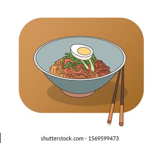 Spicy sauce noodle. Asian Korean food. hand drawn style vector design illustrations. 