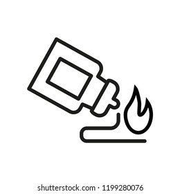 Spicy sauce for pizza or other dishes. Upside down bottle and fire symbol. Monochrome icon. Vector illustration