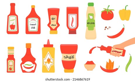 Salsa picante. Salsas de tomate y aderezos de pimienta. Salsa y mostaza, mayonesa en cuenco y botellas. Kit vectorial decente para complementar el sabor de los alimentos