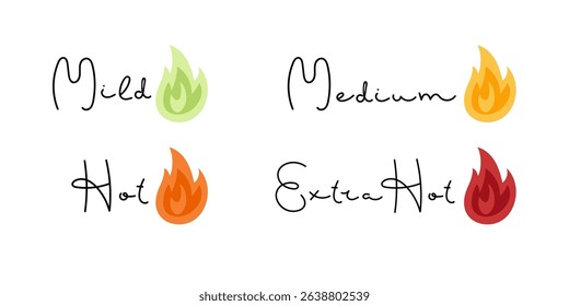 Spicy scale indicator. Level of hot meal. Lettering poster. Spicy food levels. Red Fire Flame sign strength scale indicator with mild, medium, hot, extra hot. Banner, emblem. Label for spice shop.