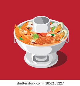 Spicy Seafood Hotpot, Shrimp Crab Squid and Mussel. Tom Yum Soup,Thai Traditonal Food. Illustration Vector.