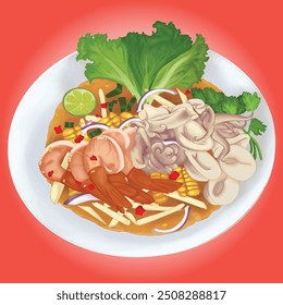 Spicy Seafood Mix with Shrimp and Squid Against Red Backdrop