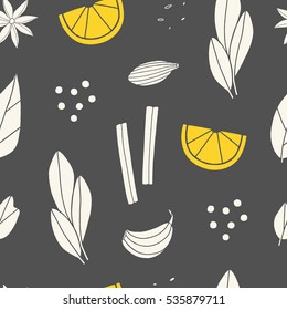 Spicy seamless pattern. Dark vector background for kitchen with yellow lemons