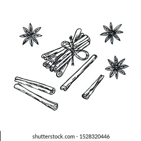 Spicy set anise and cinnamon in line art style.