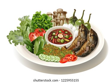 Spicy Shrimp Paste Dip with fried mackerel and vegetable ,Thai food