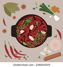 Spicy Sichuan hot pot soup base and its ingredients flat food illustration design. 