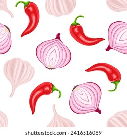 Fondo picante de especias. Patrón sin foco con cebollas, ajo y pimientos de chile rojo. Ilustración plana de dibujos animados.