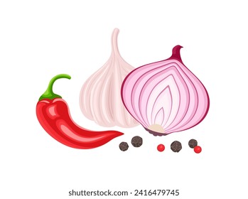 Especias picantes. Cebolla, ajo, pimiento picante y pimienta seca. Ilustración plana de dibujos animados. Icono de la estación.