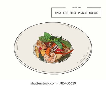 spicy stir fried instant noodle and holy basil leaves combined with seafood. "pad kee mao", sketch vector.