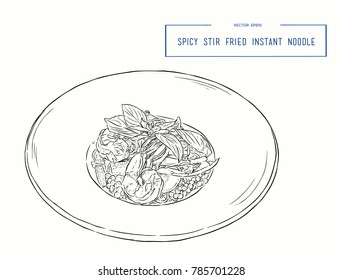 spicy stir fried instant noodle and holy basil leaves combined with seafood. "pad kee mao", sketch vector.