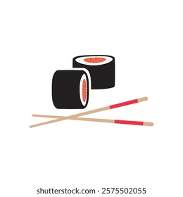 Spicy sushi rolls with salmon on top with chopsticks icon for food apps and web, Sushi traditional Japanese dish with chopsticks vector icon