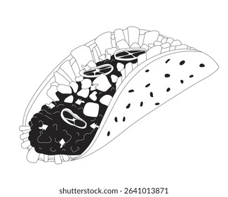 Spicy taco with ground meat and fresh vegetables 2D line object. Mexican food. Fiesta meal. Corn tortilla with seasoned beef isolated clipart vector ink outline item. Monochrome spot illustration