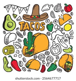 
Spicy tacos doodle, mexican food vector