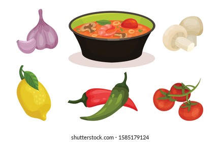 Spicy Tasty Dish with Cooking Ingredients, Bowl of Tom Yam Kung Spicy Soup, Garlic, Mushroom, Lemon, Hot Chilli Pepper, Tomato Vector Illustration