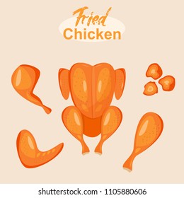 spicy and tasty fried chicken on flat design. Vector Illustration