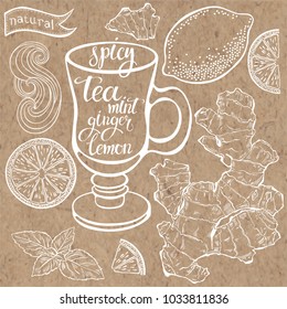 Spicy tea. Ginger,  lemon and mint. Vector illustration with isolated elements of ingredients on a kraft paper.