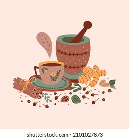 Spicy tea illustration. Hot flavored spiced tea party print. Cartoon cinnamon, ginger, black paper, cardamon, clove. Cup mortar, pestle masala tea vector card Chai tea print.