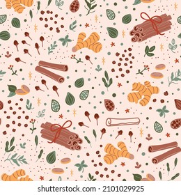 Spicy tea pattern. Spiced tea seamless background. Cartoon cinnamon, ginger, black paper, cardamon, clove. Flavor ingredients, masala tea vector hand drawn illustration. Chai tea print.