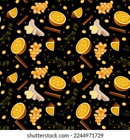 Spicy tea pattern. Spiced tea seamless background. Cartoon cinnamon, ginger, black paper, cardamon, clove and sea buckthorn. Packaging, menu design, and interior decorating. Vector illustration.