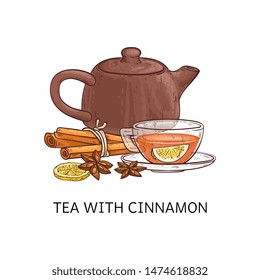 Spicy tea type the tea with cinnamon sketch vector illustration isolated on white background. Teapot and cup with hot herbal drink design element for package and menu.