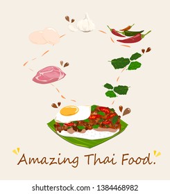 Spicy Thai basil with Pork and Egg (Pad Krapow Mhoo Sub) vector . it is a very delicious Thai food. Rice topped with stir-fried pork and basil leaves . street food in Thailand.