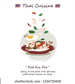 Spicy Thai basil with shrimps and Egg (Pad-Kra-pow/Pad-kra-pao) vector on white background. It is a very delicious Thai food. Street food in Thailand. 