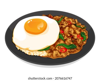 Spicy thai holy basil chicken with egg over rice dish recipes illustration vector. (Pad Kra Pao, Kra Pow Kai)