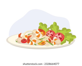Spicy Thai mixed seafood salad. Asian yum talay thai seafood salad. Spicy thai salad with shrimp mussel. yummy food. Flat vector cartoon illustration