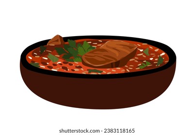 Spicy thick Kharcho with rich broth.Soup with veal,rice,tomatoes. Tasty meat meal of Georgian traditional cuisine isolated, white background.Delicious hot dish in bowl.Colorful realistic illustration.