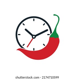 Spicy time vector logo design template. Chili with clock icon vector design.
