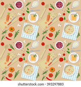 Spicy vegetable mushroom creme  soup dinner lunch preparation cooking pattern seamless background vector texture abstract. Patterns collection.