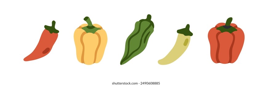 Spicy vegetables set. Yellow bell pepper, red chili, green jalapeno, red paprika. Fresh natural food, condiment, spice, different types. Flat vector illustration isolated on white background