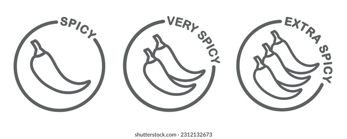 Spicy, very spicy and extra spicy icon set, simple labels for hot food, chili pepper icons in a circle and with round text.