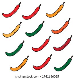 Spicy Vibrance: Spice up your designs with this vibrant hand-drawn vector illustration of hot chili peppers in red, yellow, orange, and green. Perfect for adding a touch of heat!